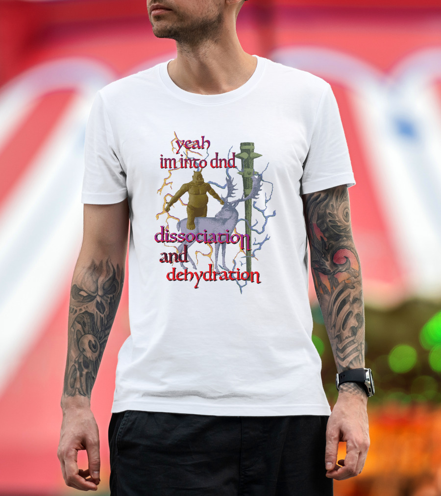 Yeah Im Into Dnd Dissociation And Dehydration Statue Riding Reindeer with Caduceus Staff and Lightning Background T-Shirt