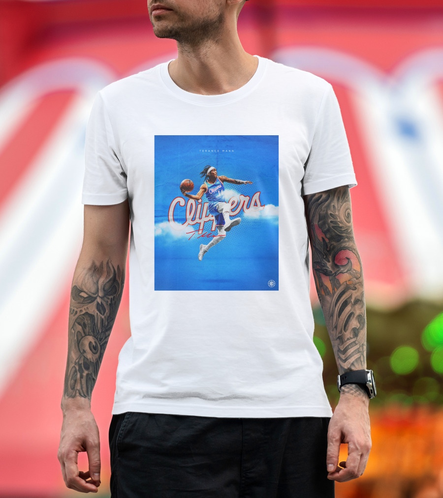 Terance Mann Clippers Basketball Motion Dribble Blue Clouds T-Shirt