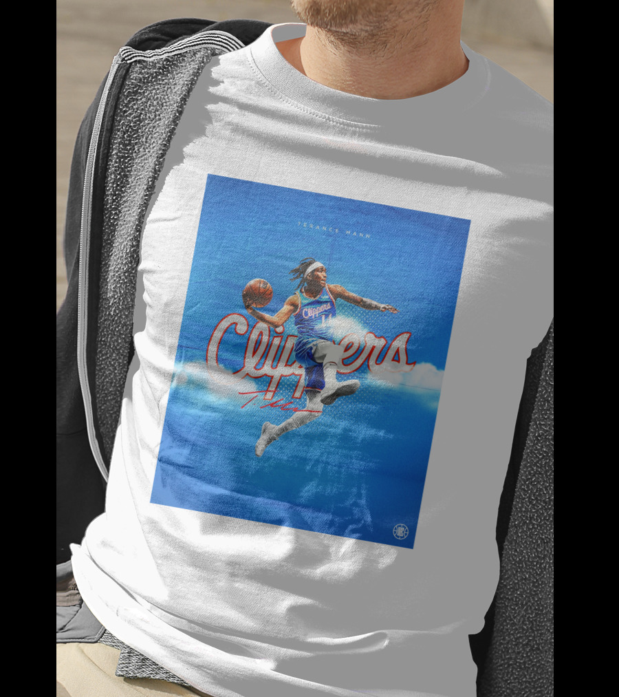 Terance Mann Clippers Basketball Motion Dribble Blue Clouds T-Shirt