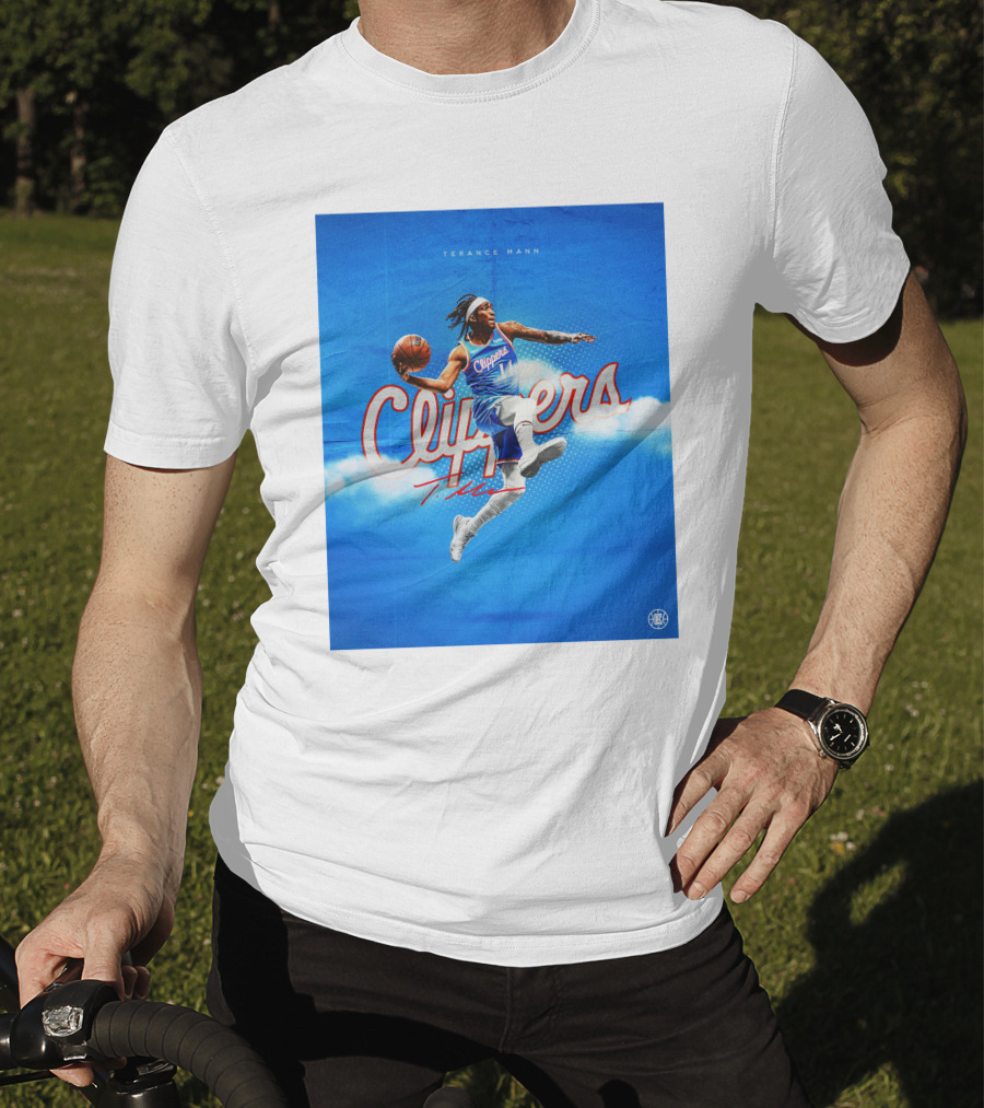 Terance Mann Clippers Basketball Motion Dribble Blue Clouds T-Shirt
