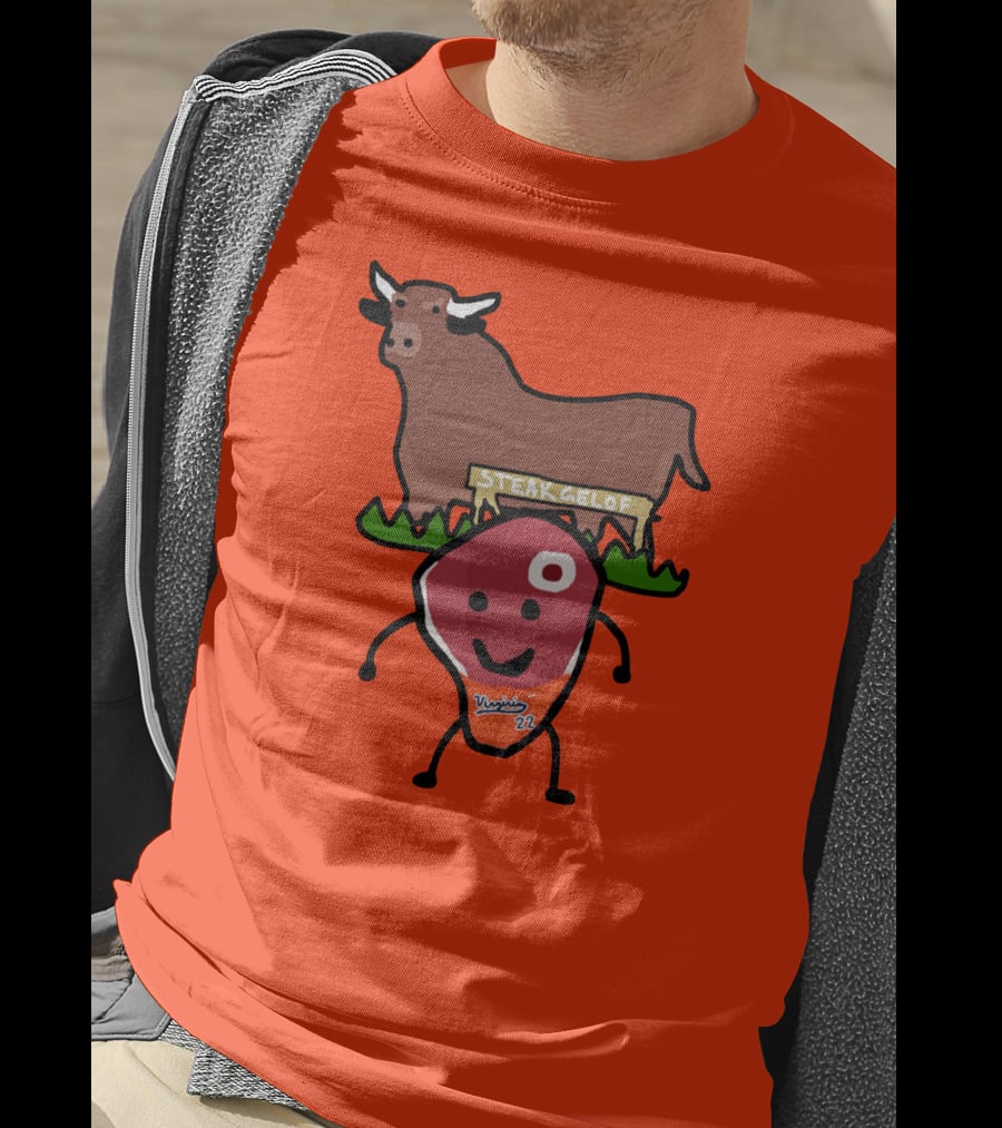Steak Gelof Virginia 22 Cartoon Bull And Smiling Meat Character On Red T-Shirt