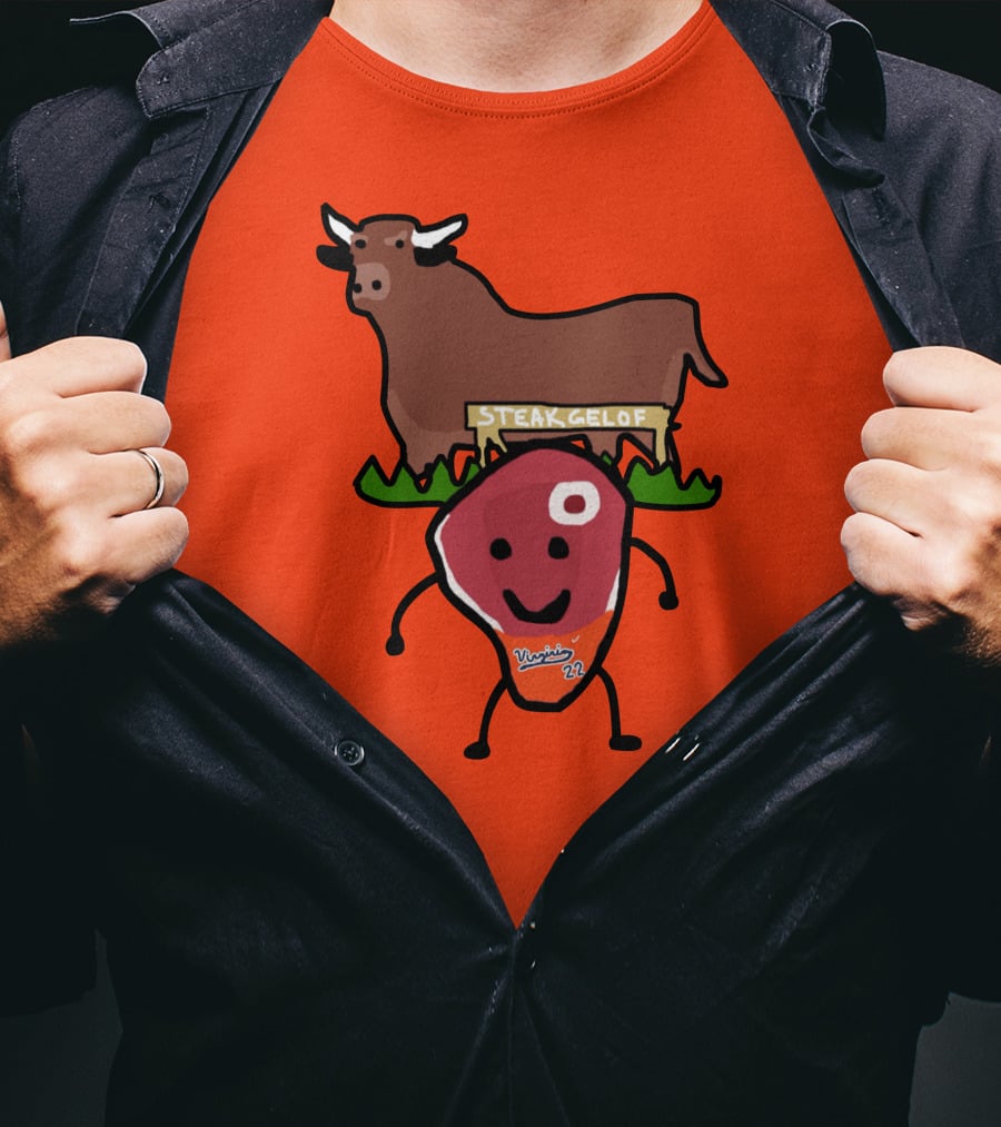 Steak Gelof Virginia 22 Cartoon Bull And Smiling Meat Character On Red T-Shirt