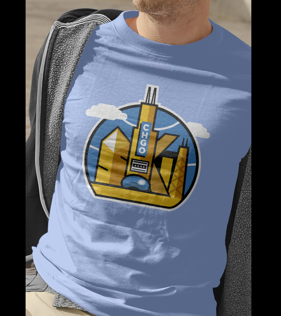 CHGO Skyline Blue Skies Sports Icon With Landmarks T-Shirt