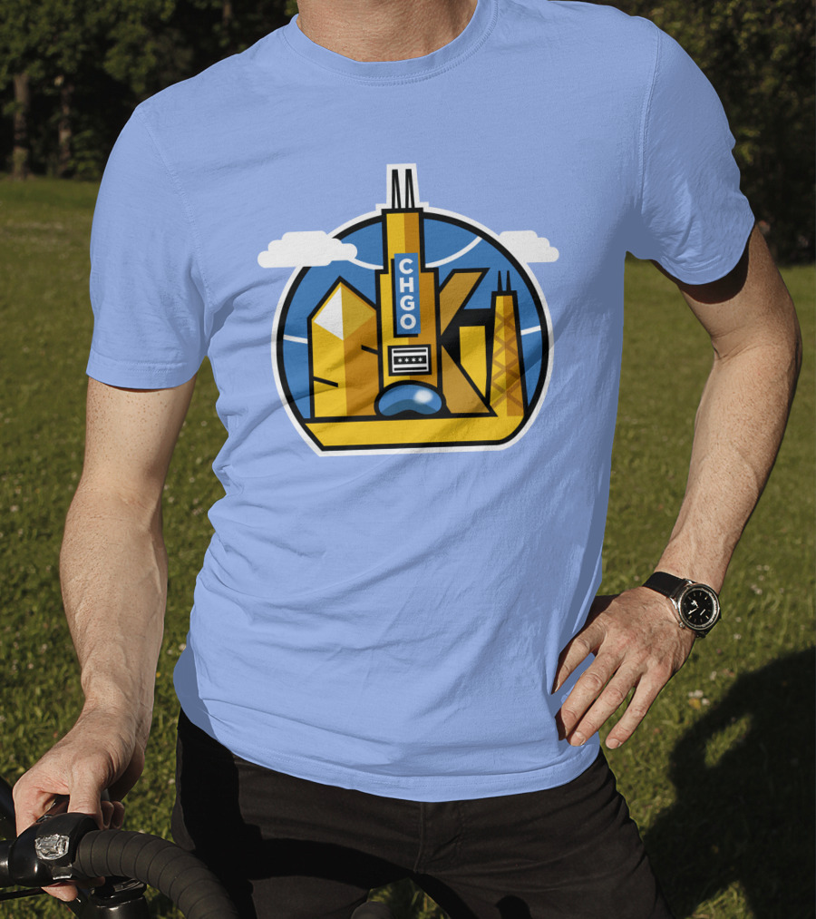 CHGO Skyline Blue Skies Sports Icon With Landmarks T-Shirt