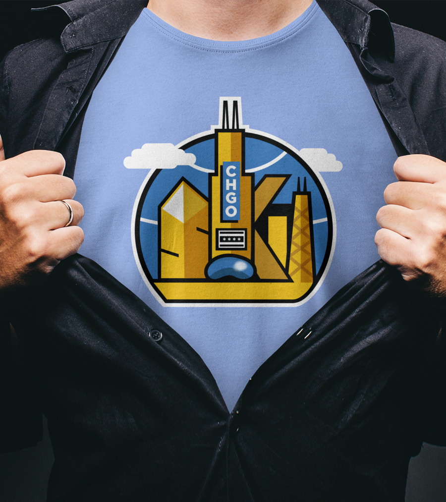 CHGO Skyline Blue Skies Sports Icon With Landmarks T-Shirt