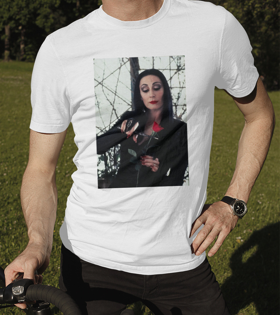 Morticia Addams Anjelica Huston Cutting Rose Scene T-Shirt