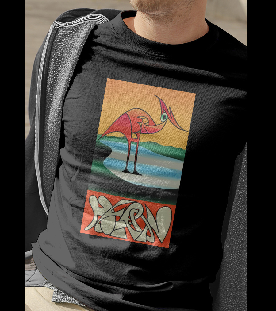 Heron Preston Abstract Bold Graphic Stork Art Orange Teal Lake T-Shirt
