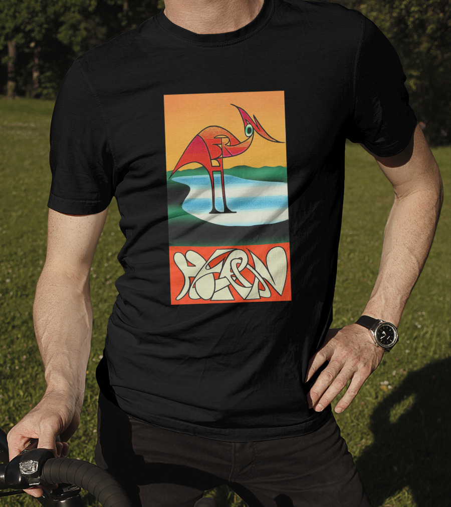 Heron Preston Abstract Bold Graphic Stork Art Orange Teal Lake T-Shirt
