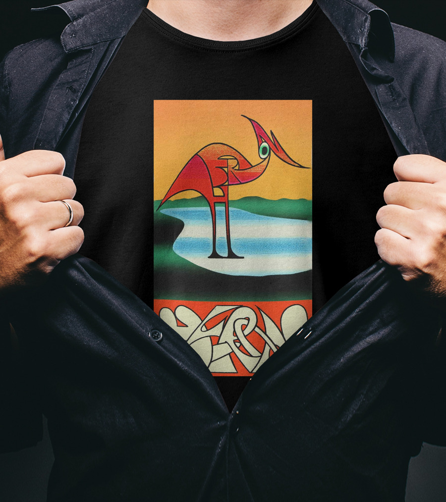 Heron Preston Abstract Bold Graphic Stork Art Orange Teal Lake T-Shirt