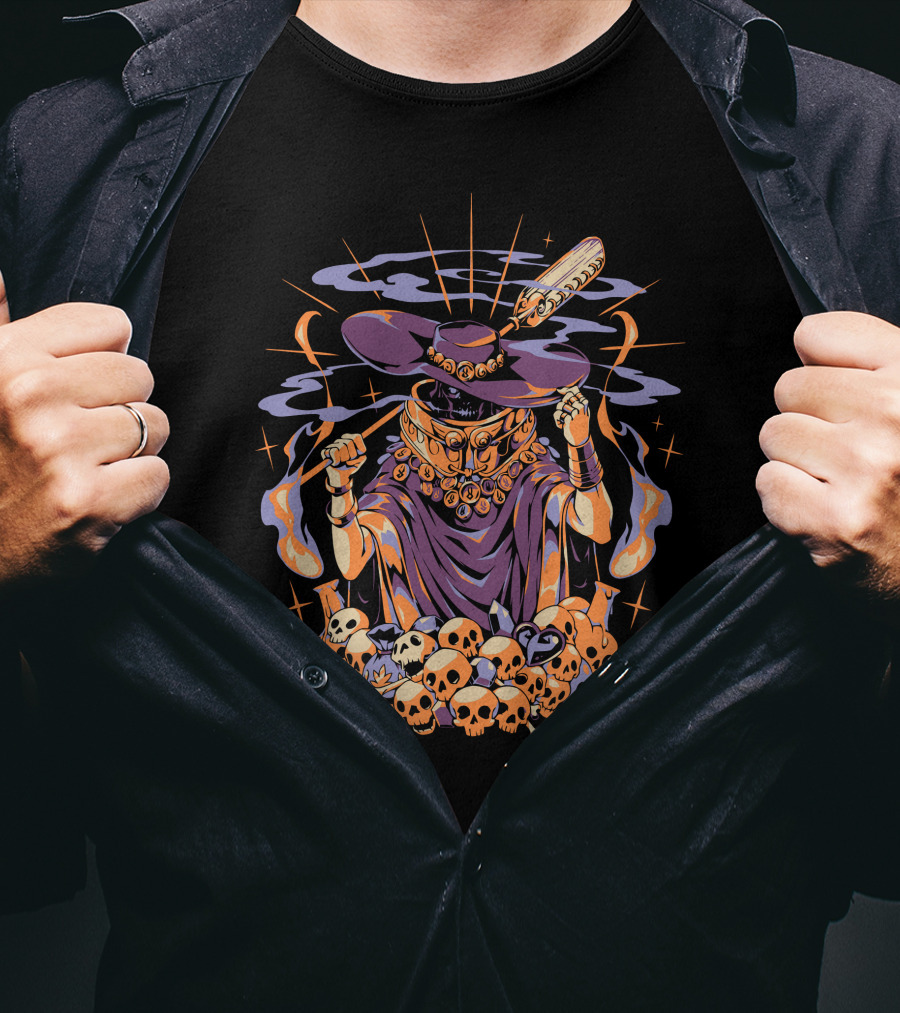 The Stygian Boatman Purple Robe Skull Collection With Feather Hat T-Shirt