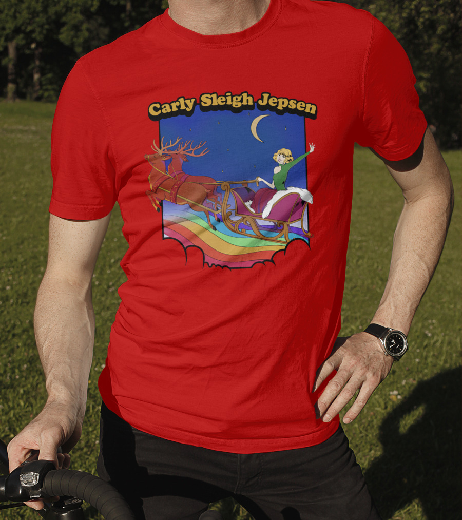 Carly Sleigh Jepsen Christmas Reindeer Sleigh Adventure Under Moonlit Sky T-Shirt
