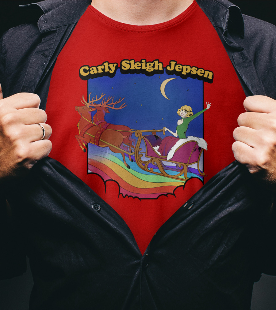 Carly Sleigh Jepsen Christmas Reindeer Sleigh Adventure Under Moonlit Sky T-Shirt