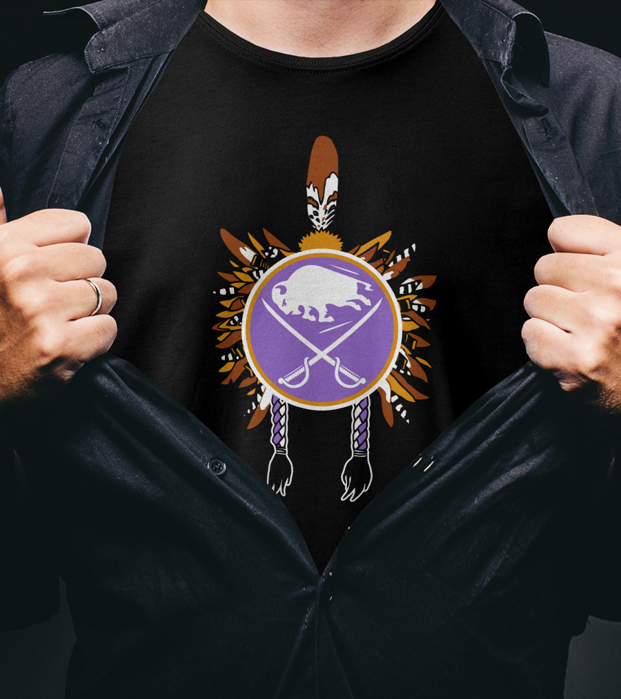 Buffalo Sabres Native American Feathered Symbol With Purple Circle And Crossing Sticks T-Shirt