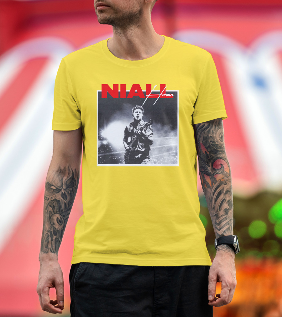 Niall Horan Live Performance Black And White Stage Photo With Red Name Highlight T-Shirt