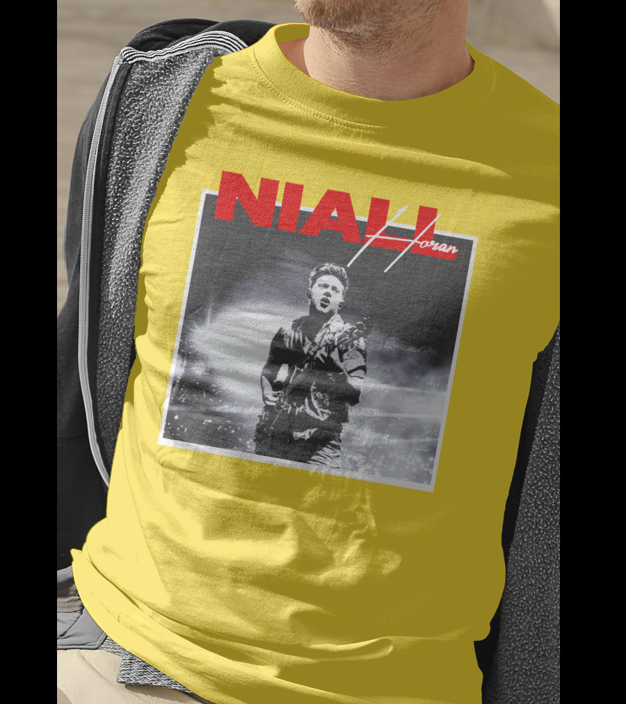 Niall Horan Live Performance Black And White Stage Photo With Red Name Highlight T-Shirt