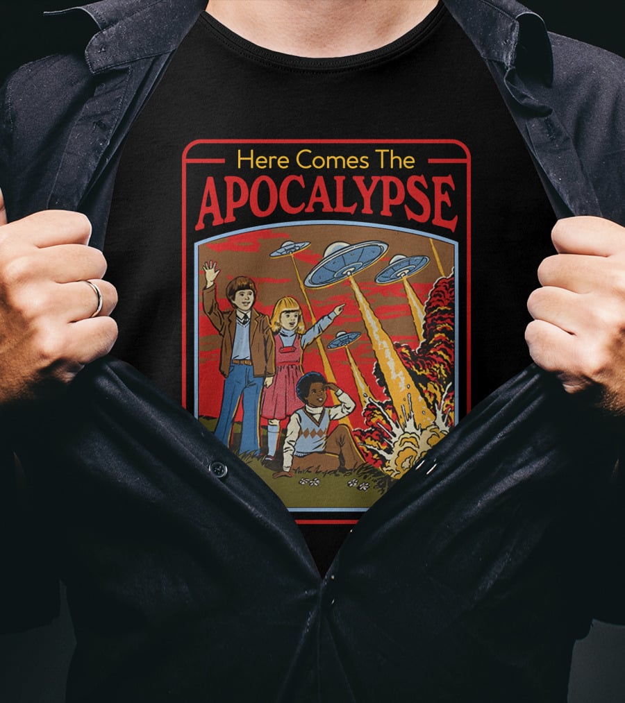 Here Comes The Apocalypse UFO Invasion With Kids And Explosions T-Shirt