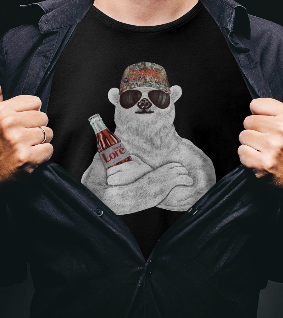 Polar Bear Gods Hate Hard Lore Camo Hat Sunglasses Holding Bottle T-Shirt