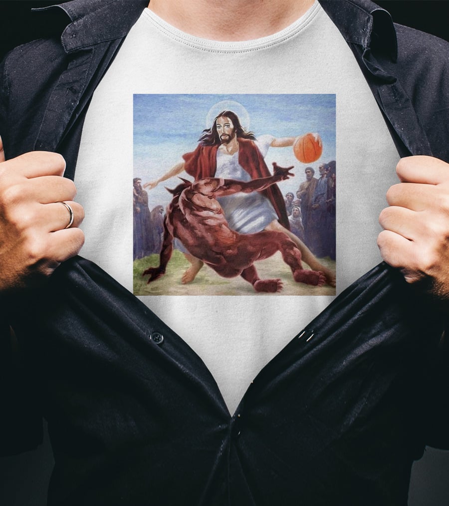 Jesus Dribbling Basketball Past Demon With Onlookers T-Shirt