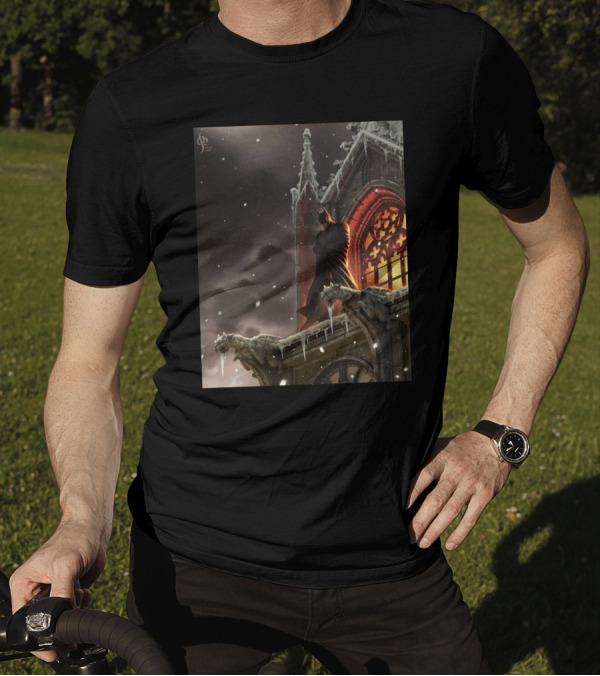 A Knight In The Frost Gothic Cathedral Snowfall Scene T-Shirt