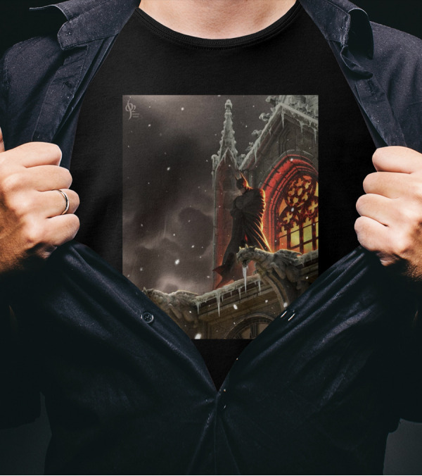 A Knight In The Frost Gothic Cathedral Snowfall Scene T-Shirt