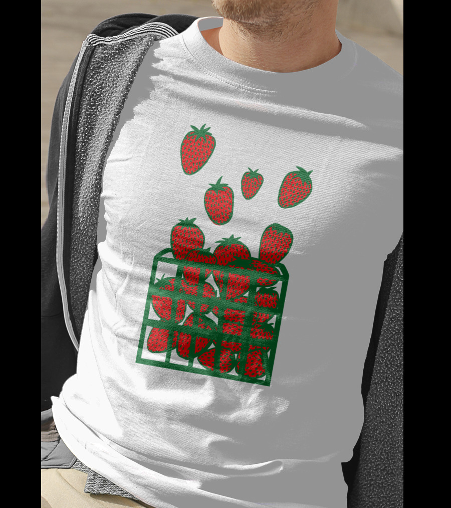 Strawberry Basket With Falling Strawberries Screen Print T-Shirt