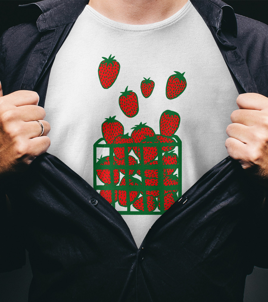 Strawberry Basket With Falling Strawberries Screen Print T-Shirt
