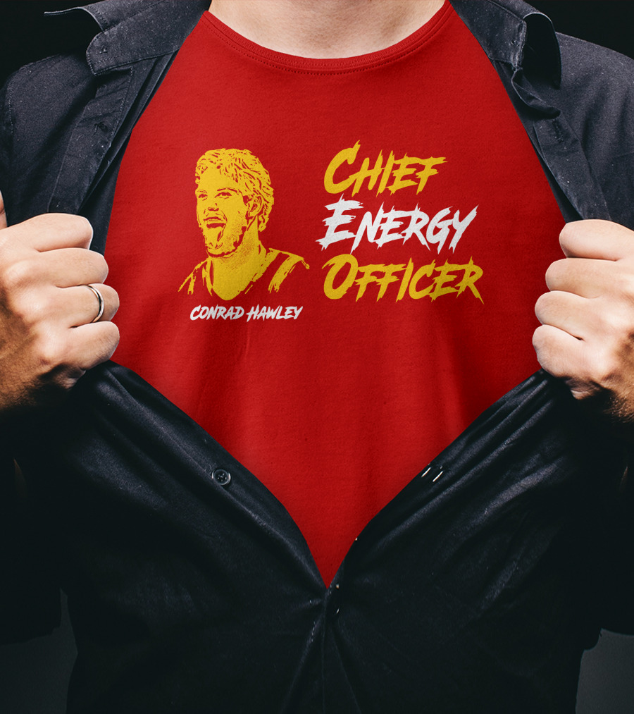 Conrad Hawley Chief Energy Officer Enthusiastic Portrait In Bold Yellow And White Text T-Shirt