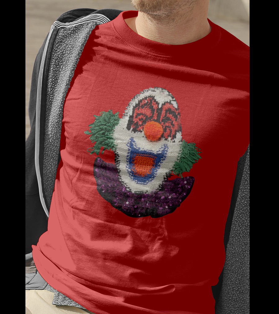 Sequin-Embellished Intarsia Wool Clown Face With Green Hair And Purple Collar T-Shirt