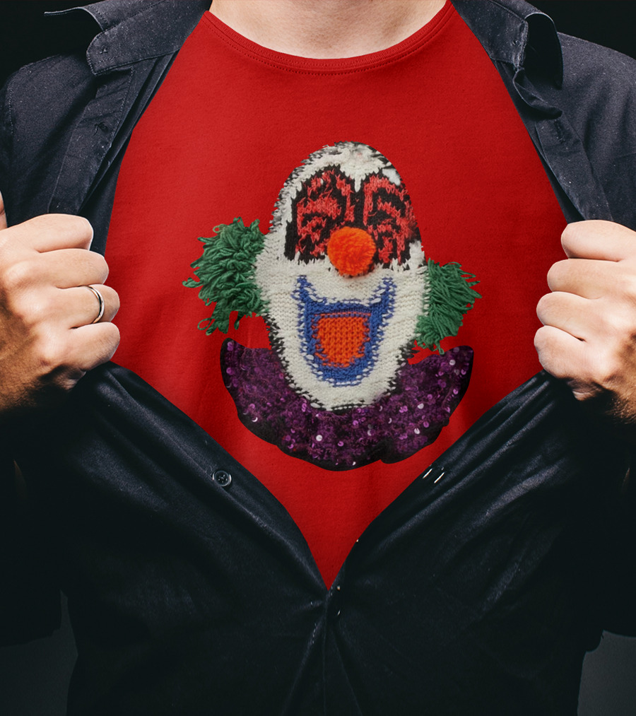 Sequin-Embellished Intarsia Wool Clown Face With Green Hair And Purple Collar T-Shirt