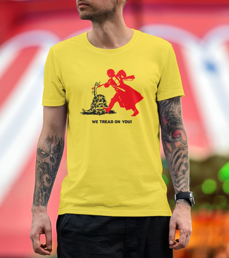 We Tread On You Revolutionary Soldier And Snake Yellow Background T-Shirt