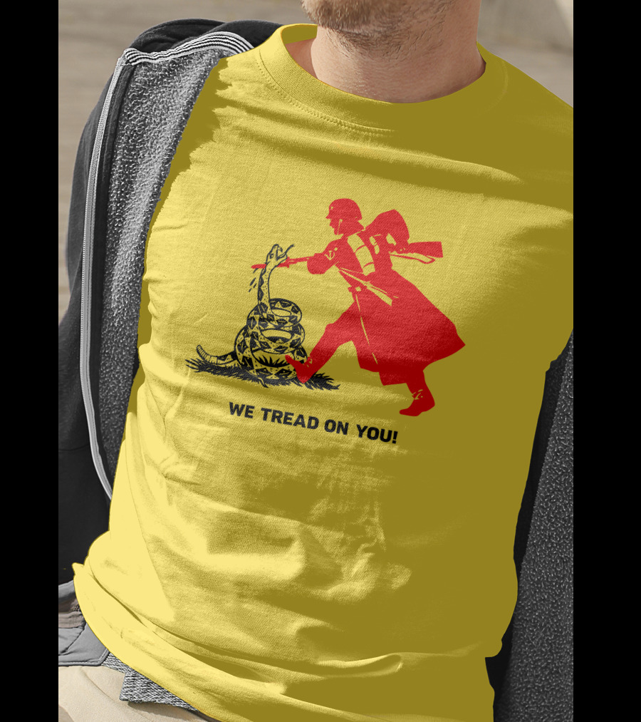 We Tread On You Revolutionary Soldier And Snake Yellow Background T-Shirt