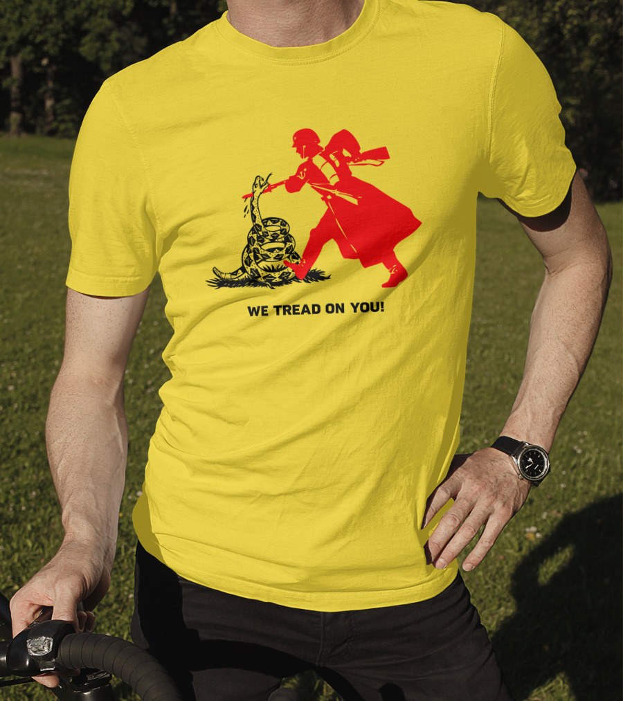 We Tread On You Revolutionary Soldier And Snake Yellow Background T-Shirt