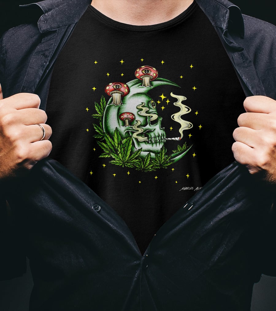 Marcos Alvarado Smoking Moon Skull With Mushroom Eyes And Cannabis Leaves T-Shirt