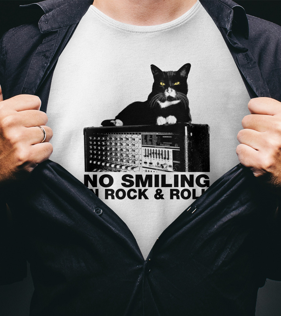 No Smiling In Rock And Roll Cat On Amplifier T-Shirt