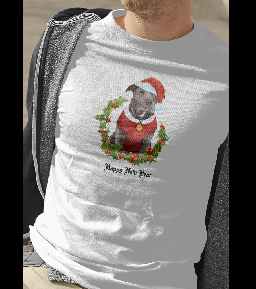 Billie Eilish Store Happy New Year Dog In Santa Hat And Holly Wreath T-Shirt