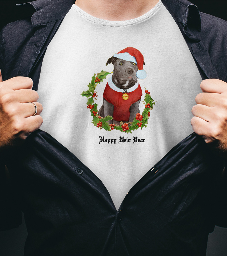 Billie Eilish Store Happy New Year Dog In Santa Hat And Holly Wreath T-Shirt