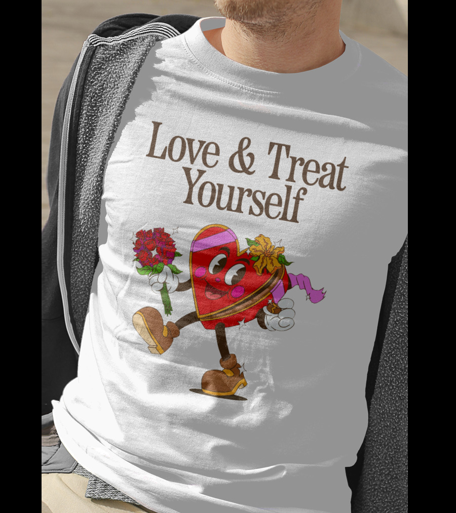 Love And Treat Yourself Heart Character With Flowers And Bow Tie T-Shirt
