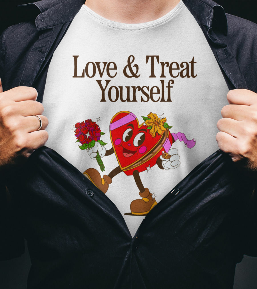 Love And Treat Yourself Heart Character With Flowers And Bow Tie T-Shirt