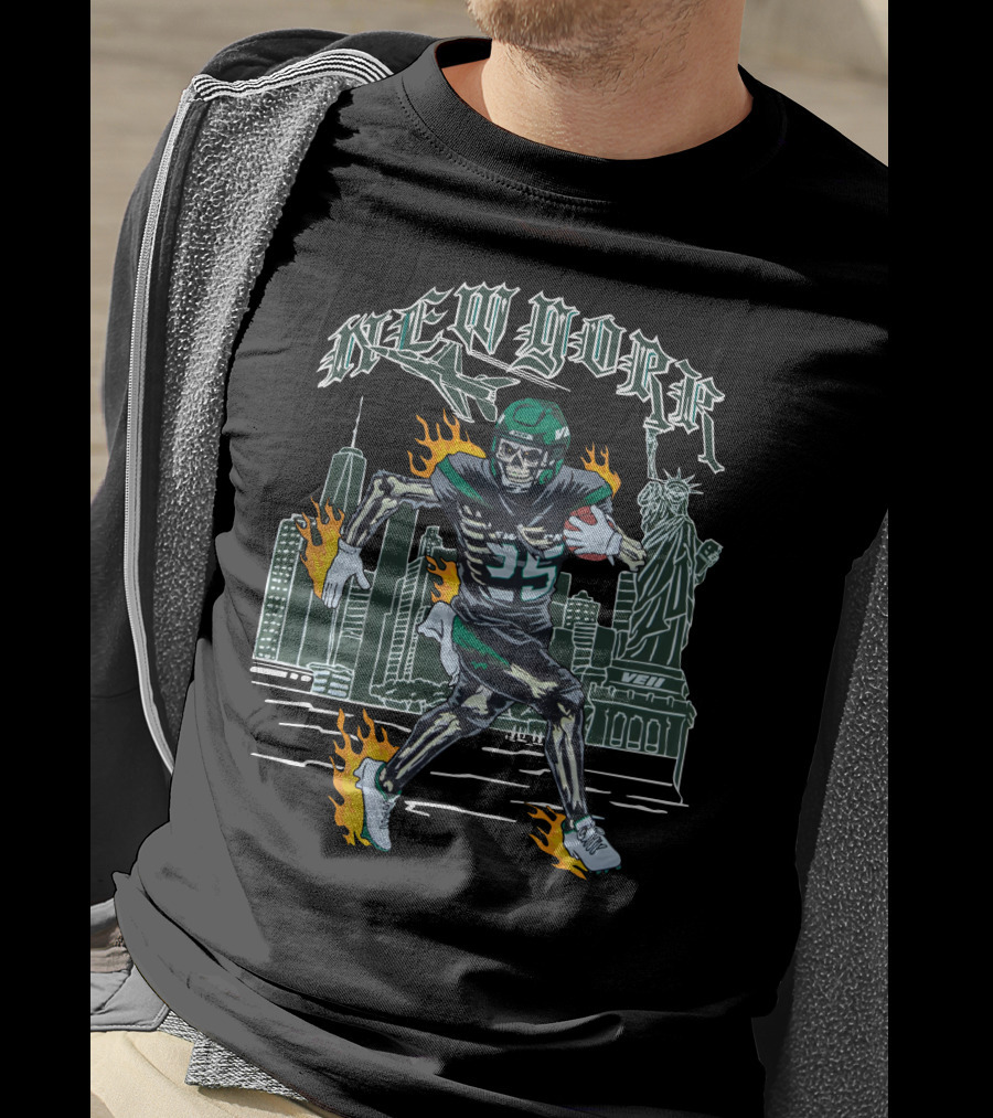 Veiiapparel New York Veii Ty Johnson Jetpack Mike White Statue Of Liberty Football Skyline Flames T-Shirt