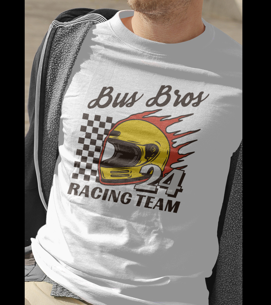 Bus Bros 24 Racing Team Helmet Flames Checkered Flag T-Shirt
