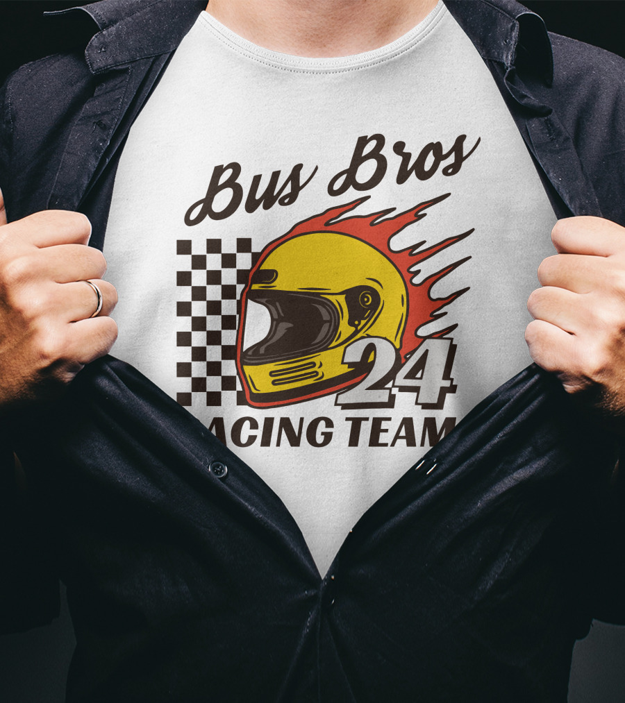 Bus Bros 24 Racing Team Helmet Flames Checkered Flag T-Shirt