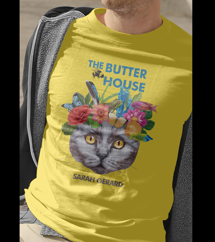 The Butter House Sarah Gerard Floral Cat With Butterflies And Fish On Yellow T-Shirt
