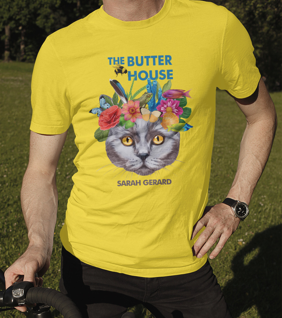 The Butter House Sarah Gerard Floral Cat With Butterflies And Fish On Yellow T-Shirt