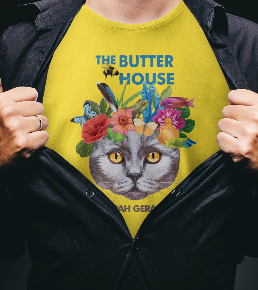 The Butter House Sarah Gerard Floral Cat With Butterflies And Fish On Yellow T-Shirt