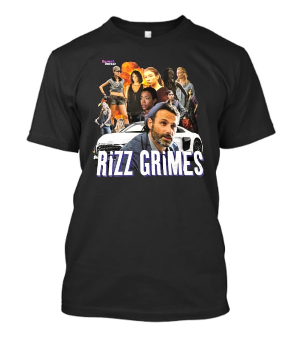 Unreal Threads Rizz Grimes Walking Dead Character Collage With Car And Flames T-Shirt