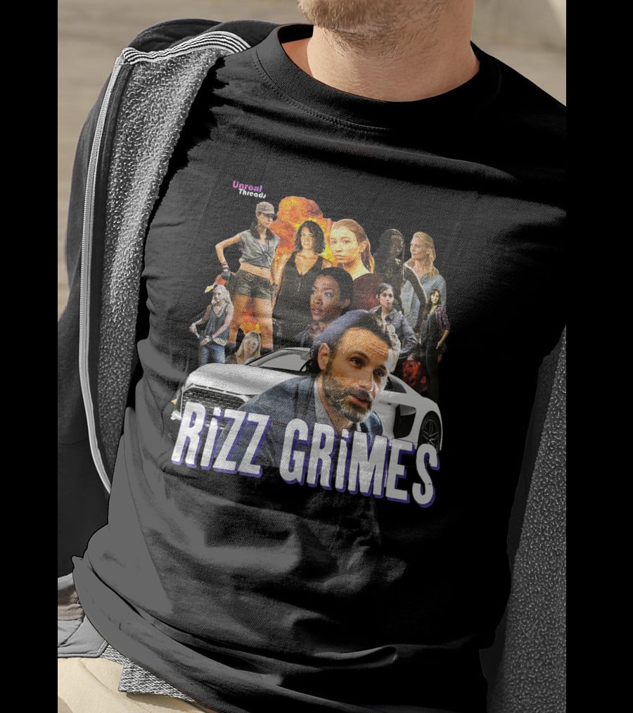 Unreal Threads Rizz Grimes Walking Dead Character Collage With Car And Flames T-Shirt