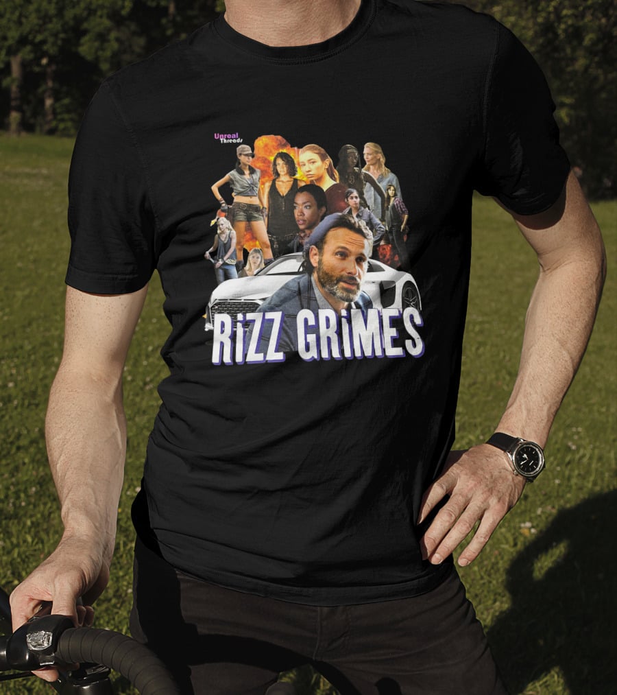 Unreal Threads Rizz Grimes Walking Dead Character Collage With Car And Flames T-Shirt