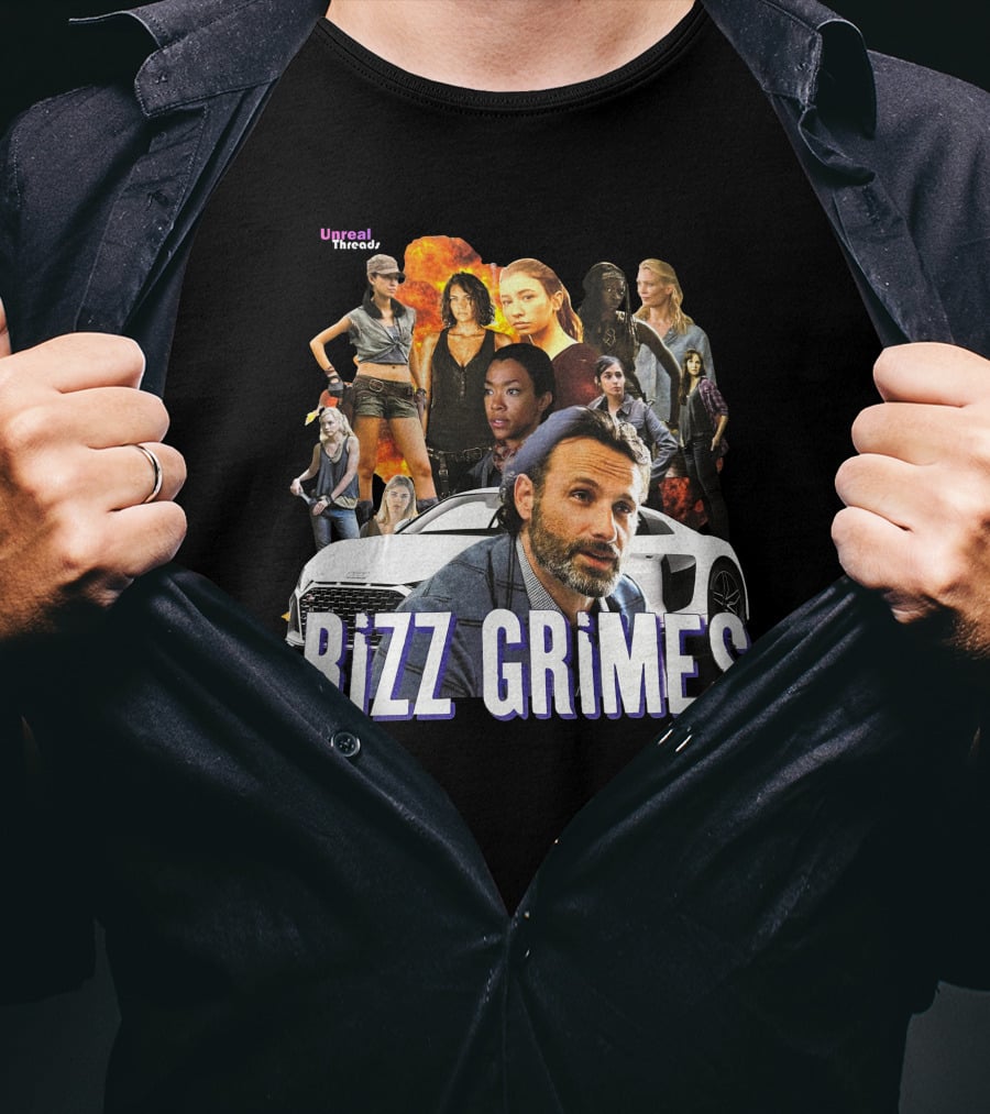 Unreal Threads Rizz Grimes Walking Dead Character Collage With Car And Flames T-Shirt