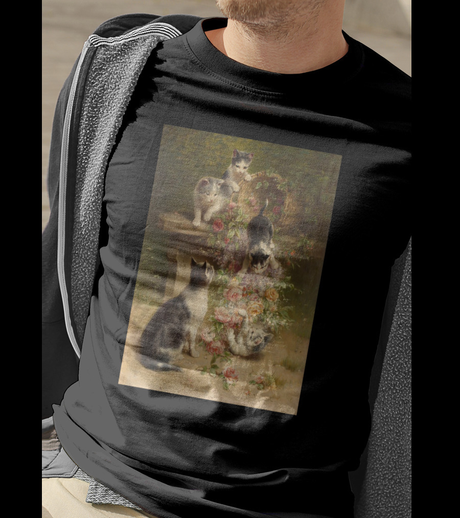 Cats And Flowers Playing On A Bench By Carl Reichert T-Shirt