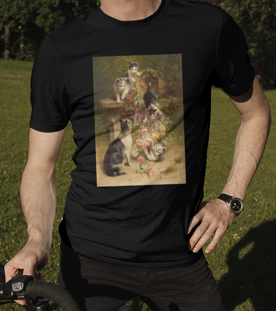 Cats And Flowers Playing On A Bench By Carl Reichert T-Shirt